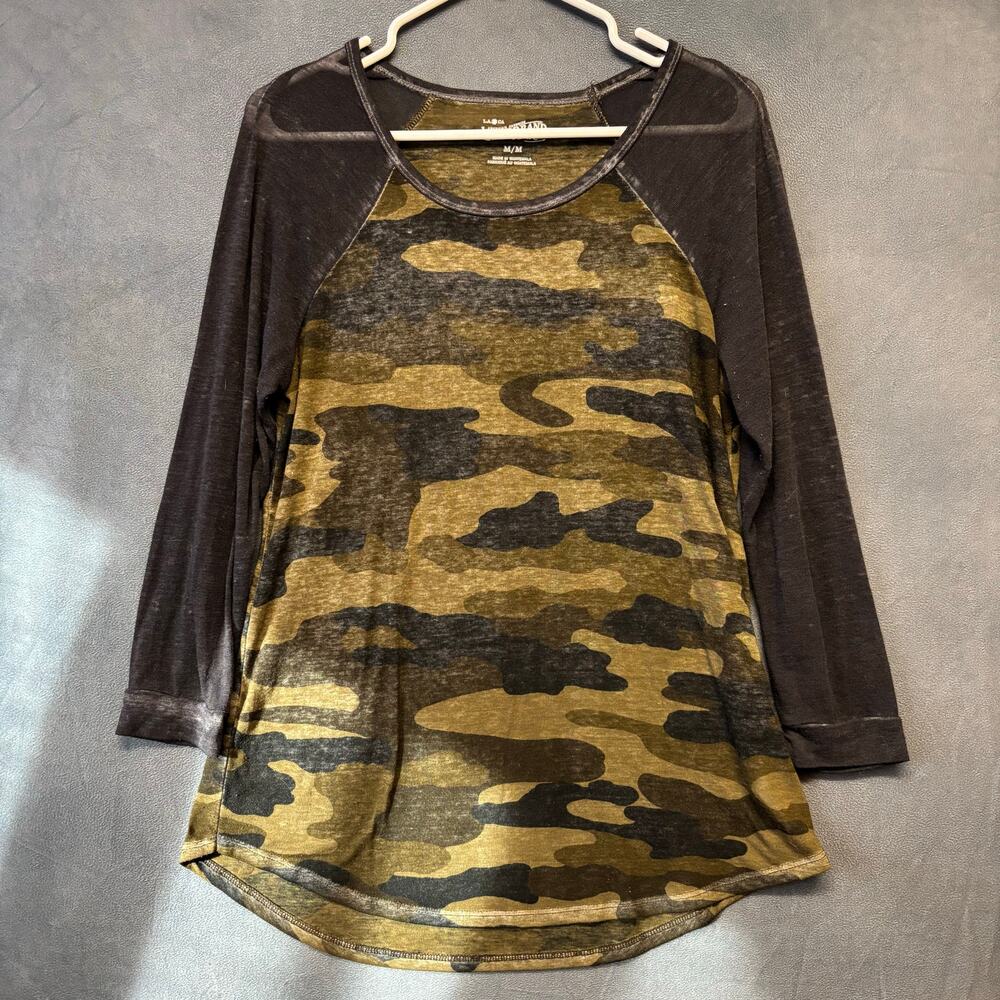Lucky Brand Camo Raglan Sheer Lightweight Long Sleeve Top Medium Y2K Skater Soft